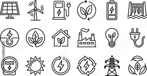 Schilderij op canvas Renewable energy and green technology vector line icons set featuring solar pane