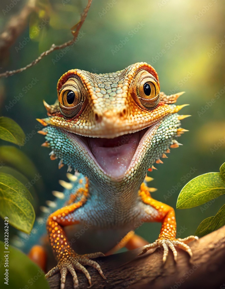Obraz premium Smiling lizard on branch