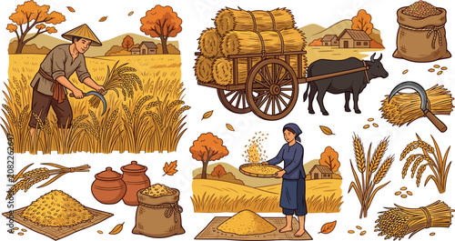 Schilderij op canvas Traditional Asian Rice Harvest Vector Illustration Set with Farmers Harvesting C