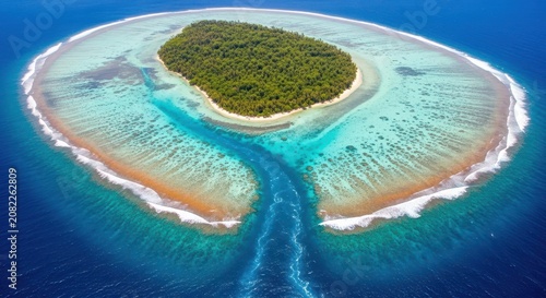 Aerial view of a small island with a narrow channel in the ocean water surrounded by coral reef and 