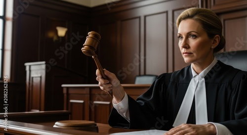 female judge in a courtroom holding a gavel in her right hand sitting at a desk with a serious expre