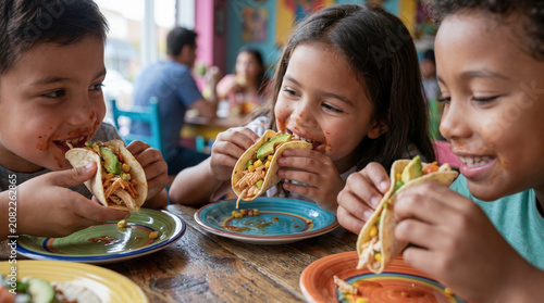 Kids eating tacos at a colorful restaurant