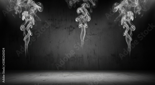 a black and white photo of smoke on a dark background with a spotlight shining down on the floor in 