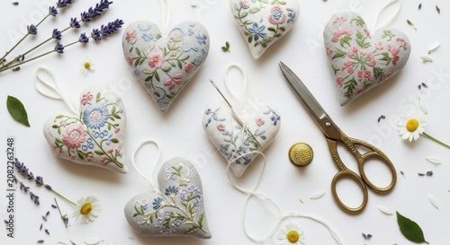 heart shaped pillows with floral patterns and scissors on white table with flowers and threads and n