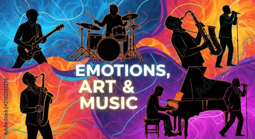 vibrant colorful background with silhouettes of musicians playing music festival live performance si
