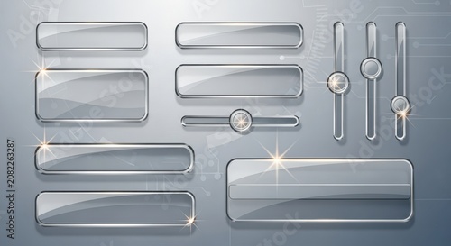 a collection of shiny metallic labels and buttons on a gray background with sparkles reflecting ligh