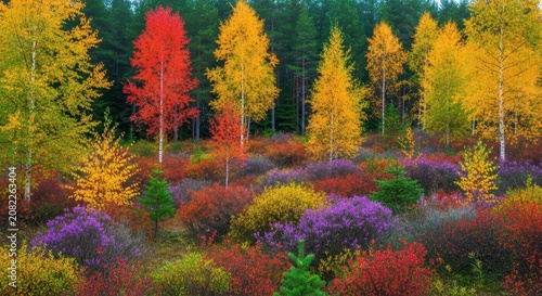 a colorful forest with many trees and bushes in the fall season with vibrant purple flowers and red 