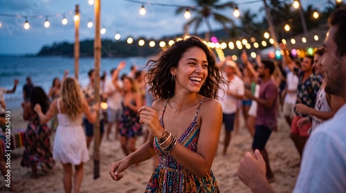 Young woman dancing at beach party with string lights and crowd at dusk