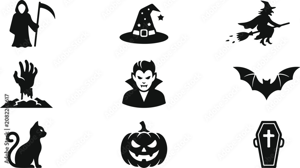 Obraz premium Set of black and white halloween icons featuring spooky characters and traditional holiday symbols for festive designs