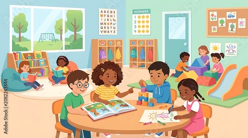 Diverse children learning and playing together in a colorful classroom