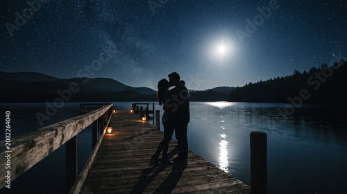 Romantic Silhouette Couple Kissing on Wooden Pier at Night, Full Moon Reflecting on Lake, Starry Navy Blue Sky Cinematic Illustration