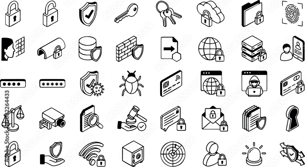 Naklejka premium Security icons set with vector graphics of locks, shields, and keys for cybersecurity and data protection concepts