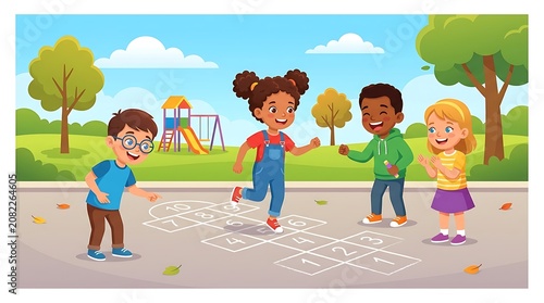 Children play hopscotch together outdoors in a park