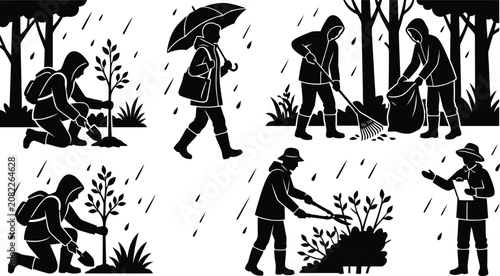 Schilderij op canvas People planting trees in rainy weather
