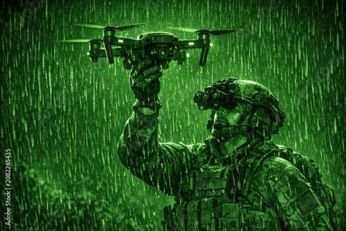 A person holds a remote control drone in the rain