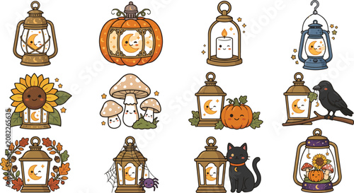 Cute Kawaii Halloween Lantern Stickers with Pumpkins and Forest Elements