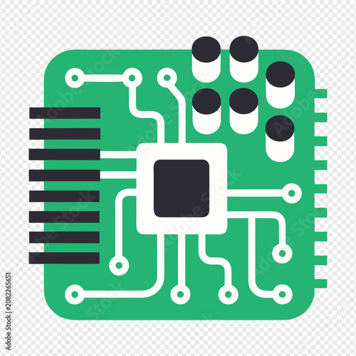 Electronic circuit board PCB icon with microchip processor for computer hardware