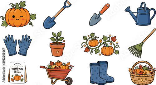 Set of Cute Gardening Tools and Autumn Pumpkin Harvest Icons Illustration