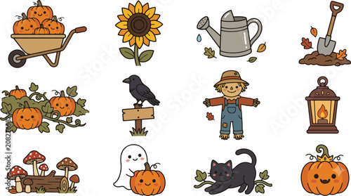 Cute Fall Autumn Seasonal Icons Set with Pumpkins and Halloween Elements