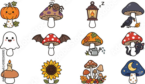 Set of Cute Halloween Autumn Theme Cartoon Mushroom and Fall Icons