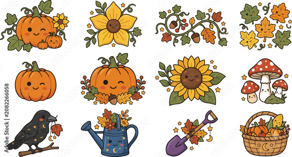 Obraz premium Cute Kawaii Autumn Elements Set with Pumpkins Flowers and Mushrooms