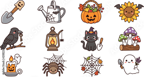 Cute Kawaii Halloween Vector Illustration Set with Spooky Garden Elements