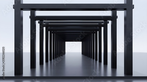 Minimalist black geometric 3D tunnel with reflective floor on white background