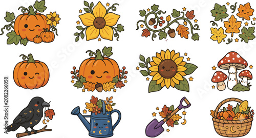 Cute Kawaii Autumn Elements Set with Pumpkins Flowers and Mushrooms