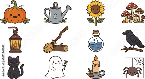 Cute Hand Drawn Autumn Fall Season Icons and Cozy Halloween Elements Set