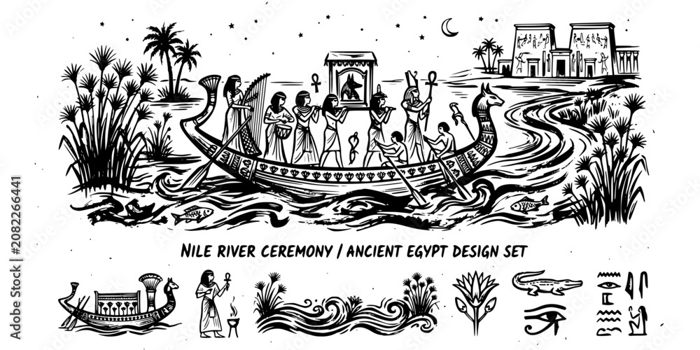 Obraz premium Nile River Ceremony Ink Brush Black White-Water Flow Reed Boat Ritual Zen-Egyptian Vector-Nile Icon Ink-Ancient Egypt Design Set