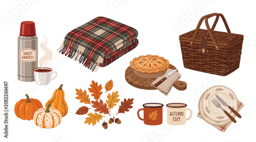 Cozy autumn picnic vector element set with thermos pumpkins and apple pie