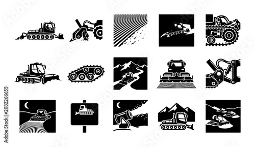 Fotografie Snow groomer and piste basher icons set, 15 black and white vector illustrations