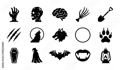 Φωτογραφία Halloween horror icons set, 15 black silhouette monster elements, spooky zombie