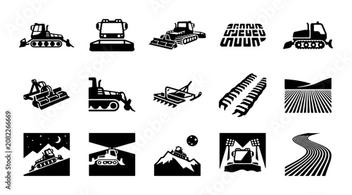 Fotografie Snow groomer and snowcat vector icon set, 15 black silhouette elements for ski r