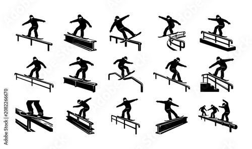Foto Snowboarder silhouette set with 15 icons, winter sports athletes performing rail
