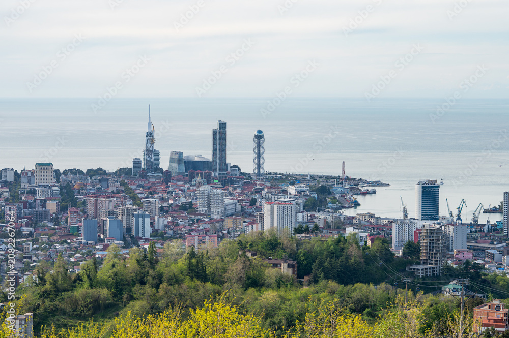 Fototapeta premium Panoramic urban skyline with coastal horizon seen from hilltop point.