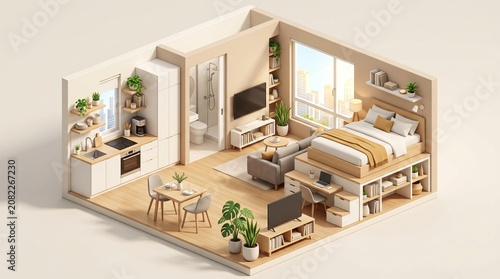 Isometric Digital Illustration of Clean Compact Studio Apartment