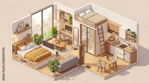 Isometric Illustration of Clean Compact Studio Apartment