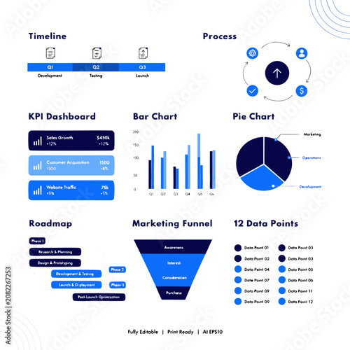 Editable Corporate Business Infographic Vector Template Featuring Timeline, Roadmap, Process and Analytics Dashboard