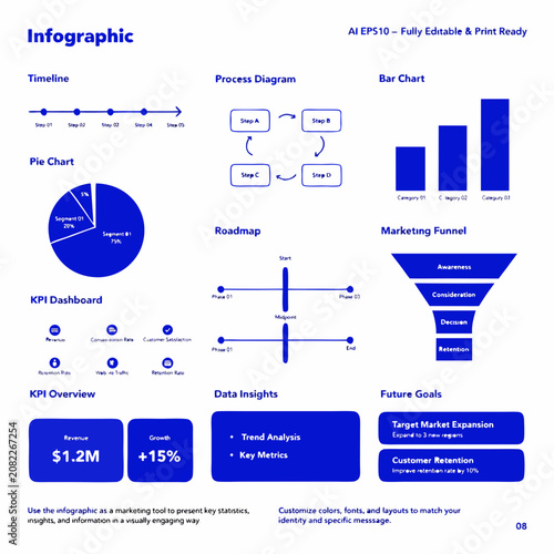Modern Business Infographic Template with 12 Data Sections, Charts and KPI Dashboard Vector