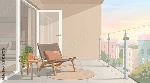 Minimalist Modern Apartment Balcony Digital Illustration