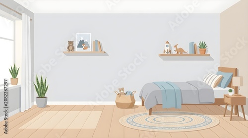 Clean Minimalist Boy's Bedroom Digital Flat Illustration