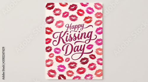 Bold Kissing Day Poster with Red Pink Magenta Lipstick Kiss Marks on Cream Background, Elegant Script Typography Design