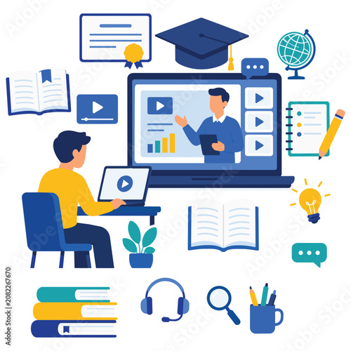 Modern Online Education and E-Learning Concept Flat Vector Illustration