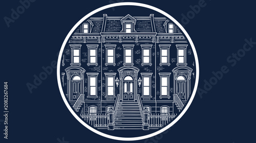 Vintage Townhouse Illustration, Victorian Architecture, City Row House Facade