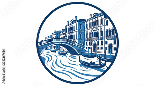 Quadro su tela Venice Canal Scene: Gondolas and Historic Buildings in Blue and White