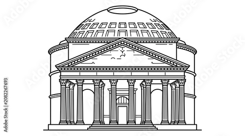 Ancient Roman Pantheon Building Facade with Columns and Dome - Vector Line Art