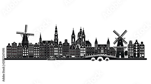 Amsterdam Skyline Silhouette Vector Art - Iconic Dutch Architecture and Windmills
