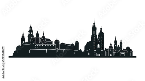 Krakow Skyline Silhouette, Wawel Castle and Old Town Buildings, Black and White