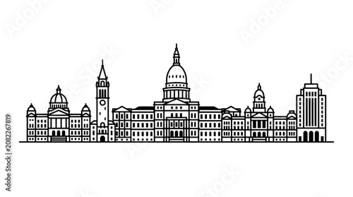 Modern City Skyline Silhouette Vector Illustration, Minimalist Architecture Line Art